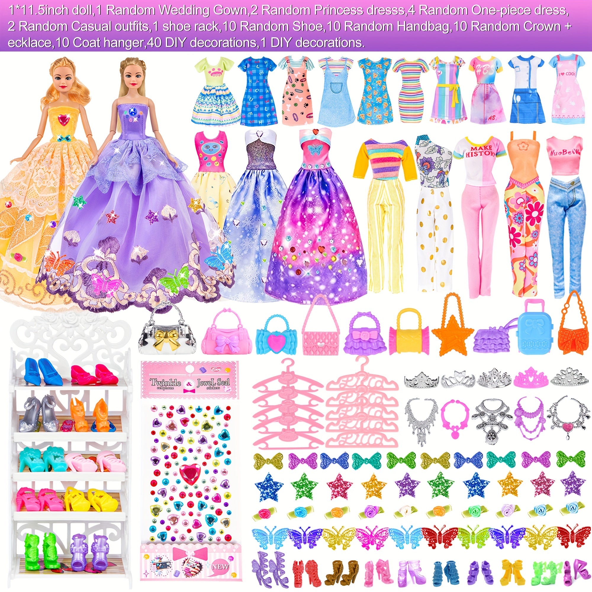 91 pièces de mode pour poupée de 11.5 pouces avec accessoires et placard, robes de princesse, robes à la mode, tenues, maillots de bain, chaussures, cintres, jouets d'habillage de poupée pour filles enfants tout-petits cadeaux de jouets